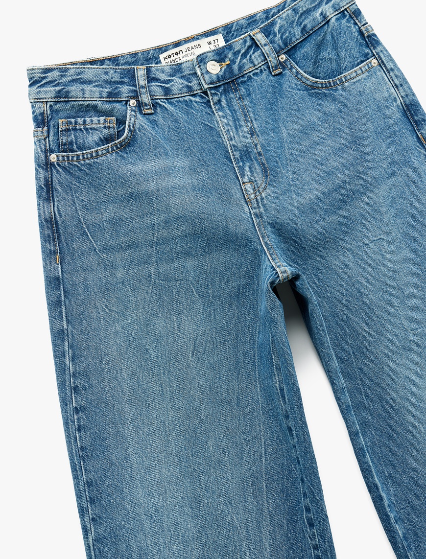   Normal Bel Pamuklu Düğmeli Cepli Geniş Paça Jean Pantolon - Wide Leg Jeans