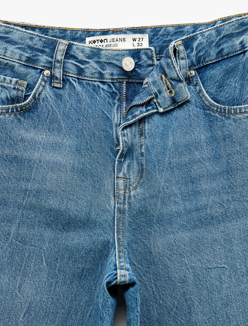  Normal Bel Pamuklu Düğmeli Cepli Geniş Paça Jean Pantolon - Wide Leg Jeans