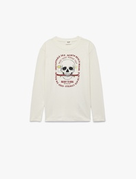 Pamuklu Uzun Kollu Bisiklet Yaka Kurukafa Baskılı Tişört