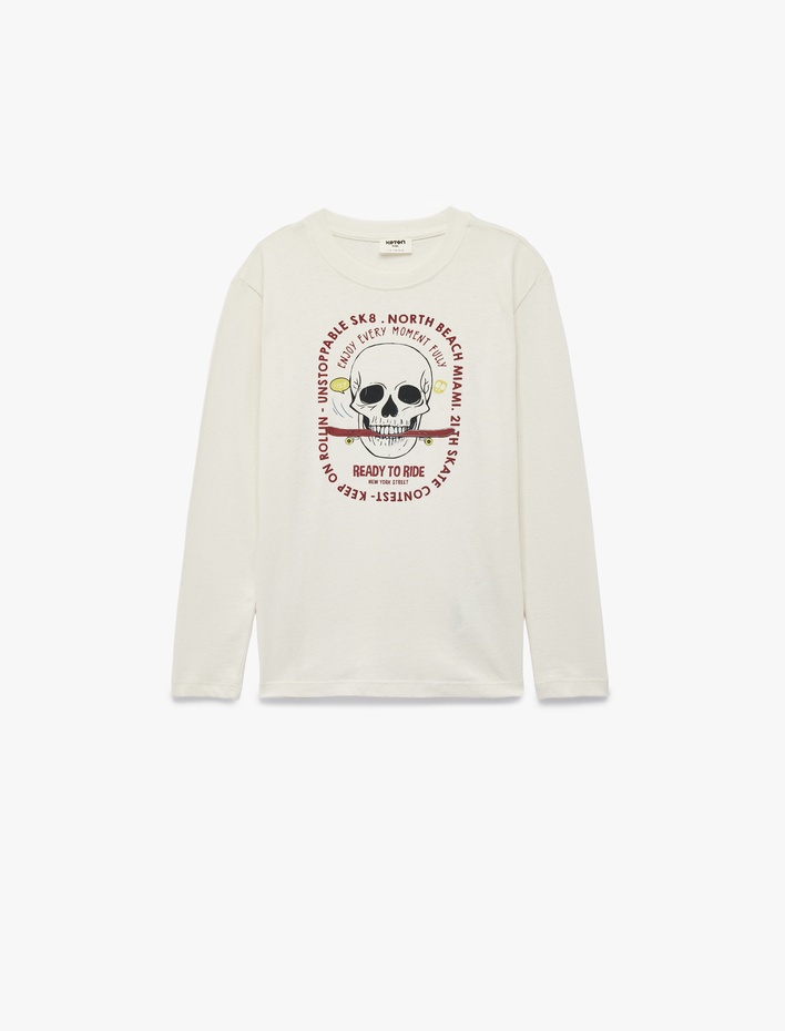 Erkek Çocuk Pamuklu Uzun Kollu Bisiklet Yaka Kurukafa Baskılı Tişört