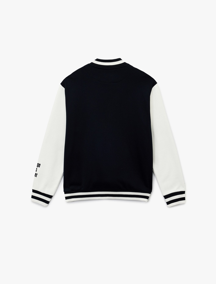  Uzun Kollu Bisiklet Yaka Cep Detaylı Nakışlı Kolej Ceket