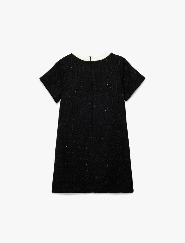 Kız Çocuk Bol Kalıp Bisiklet Yaka Düğmeli Kurdele Detaylı Kısa Kollu Elbise