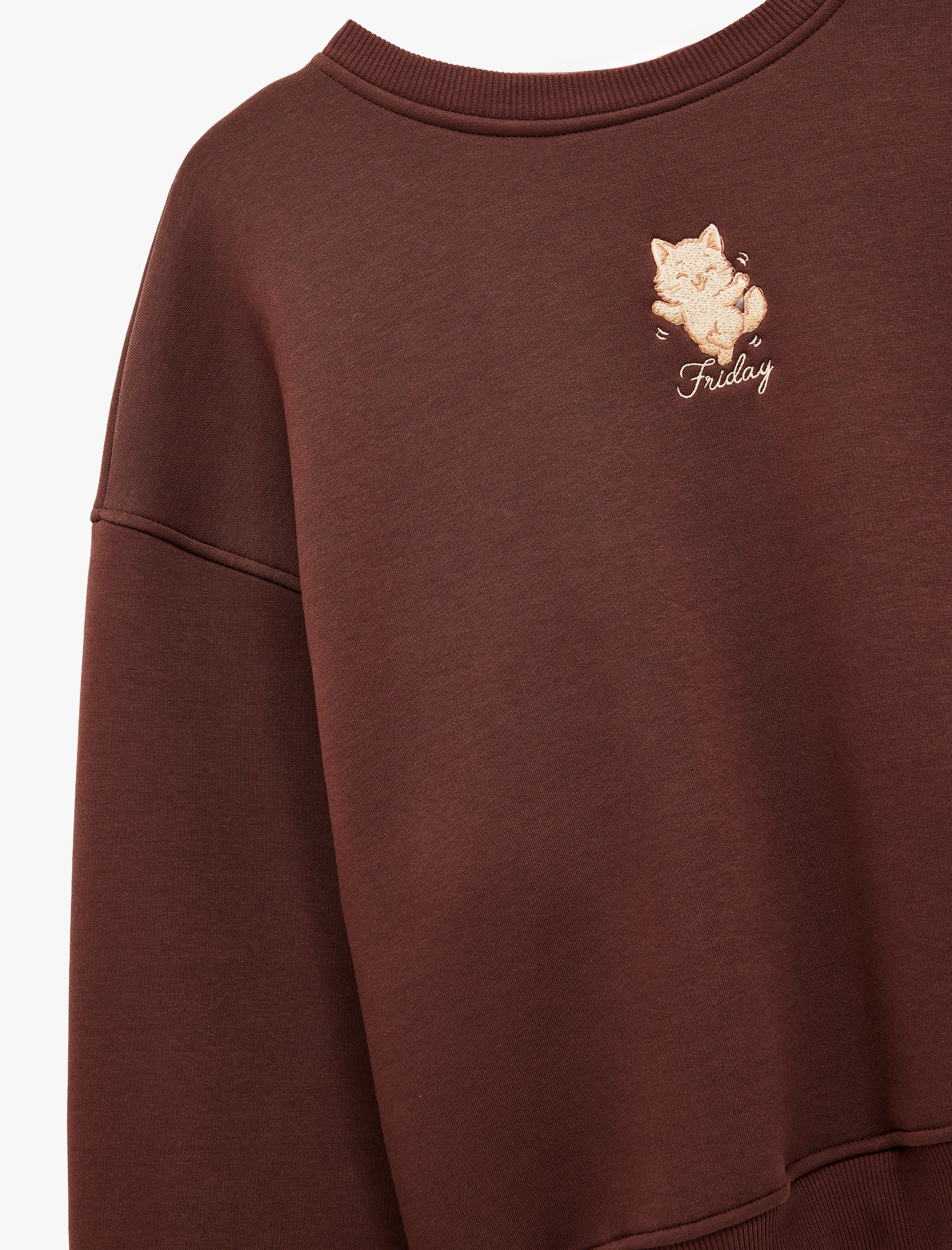   Bisiklet Yaka Uzun Kollu Kedi Nakışlı Oversize Sweatshirt