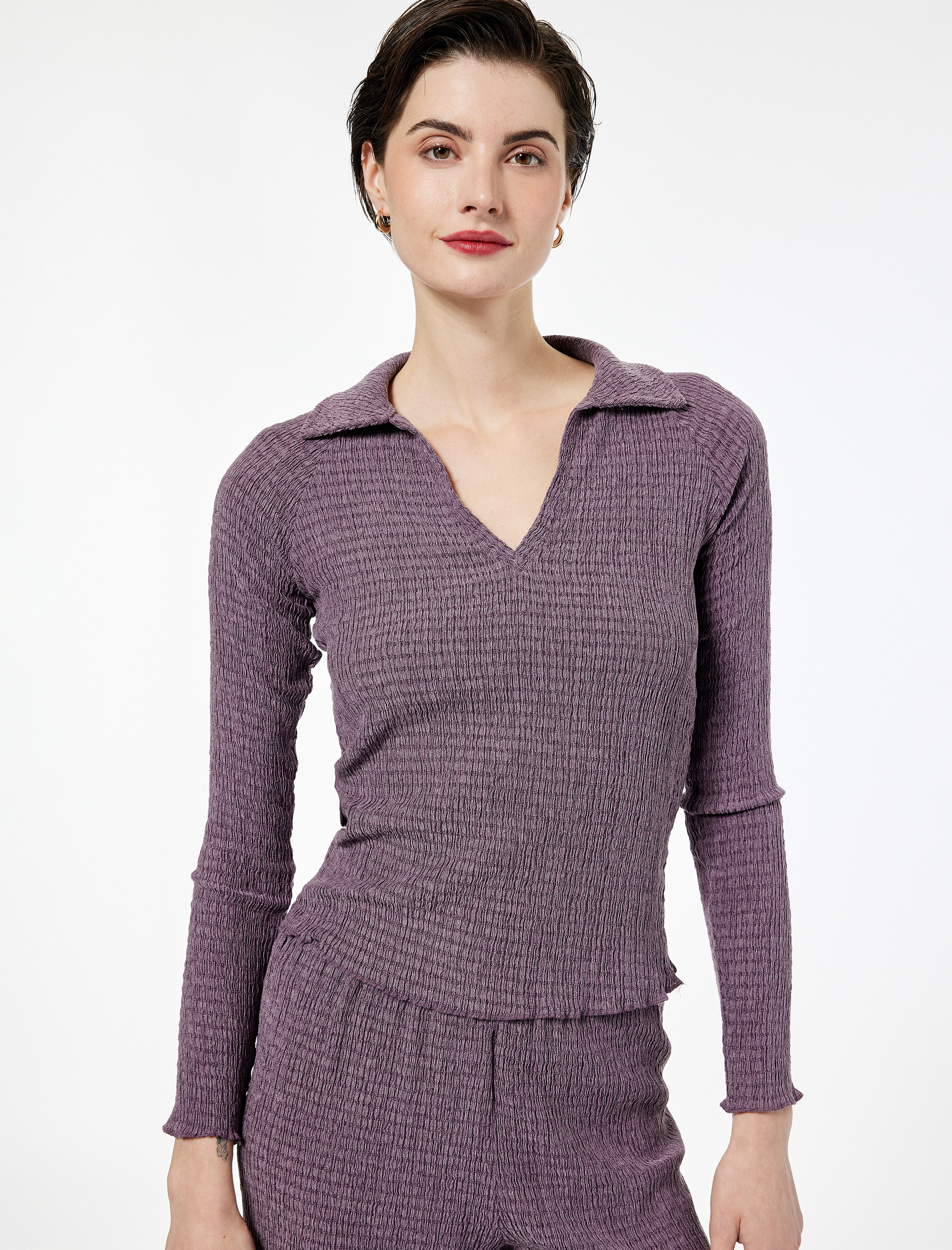   Bürümcük Kumaş Slim Fit Uzun Kollu Polo V Yaka Tişört