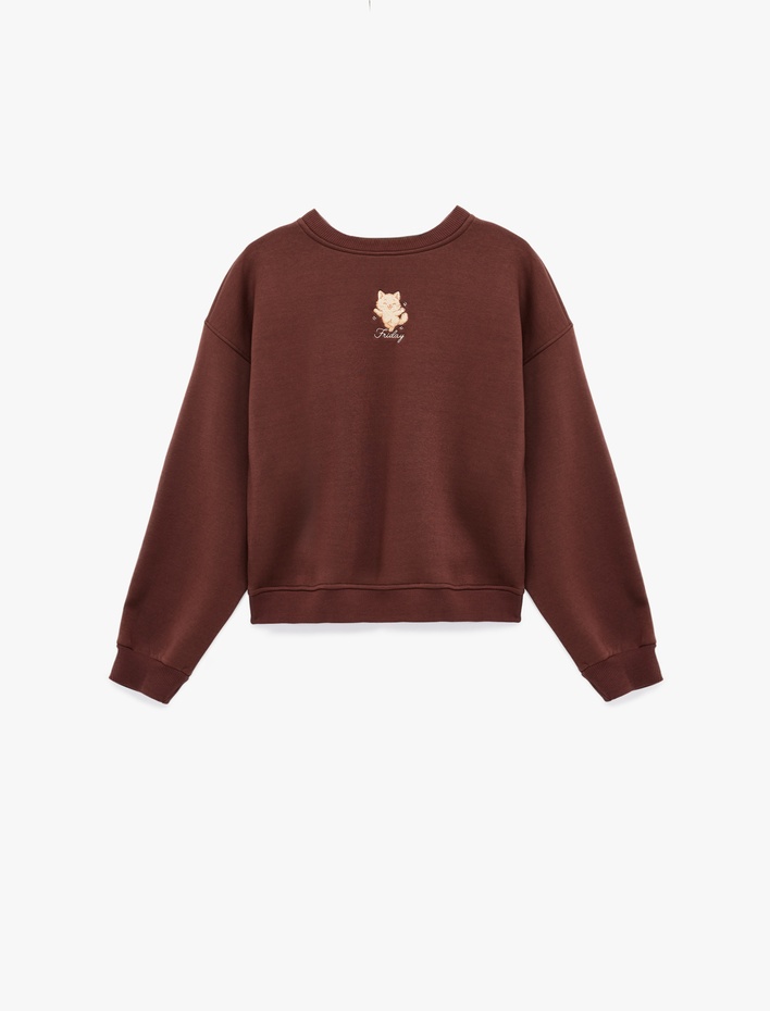  Bisiklet Yaka Uzun Kollu Kedi Nakışlı Oversize Sweatshirt