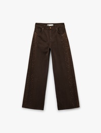 Cepli Geniş Paça Taş İşleme Detaylı Jean Pantolon - Wide Leg Jeans