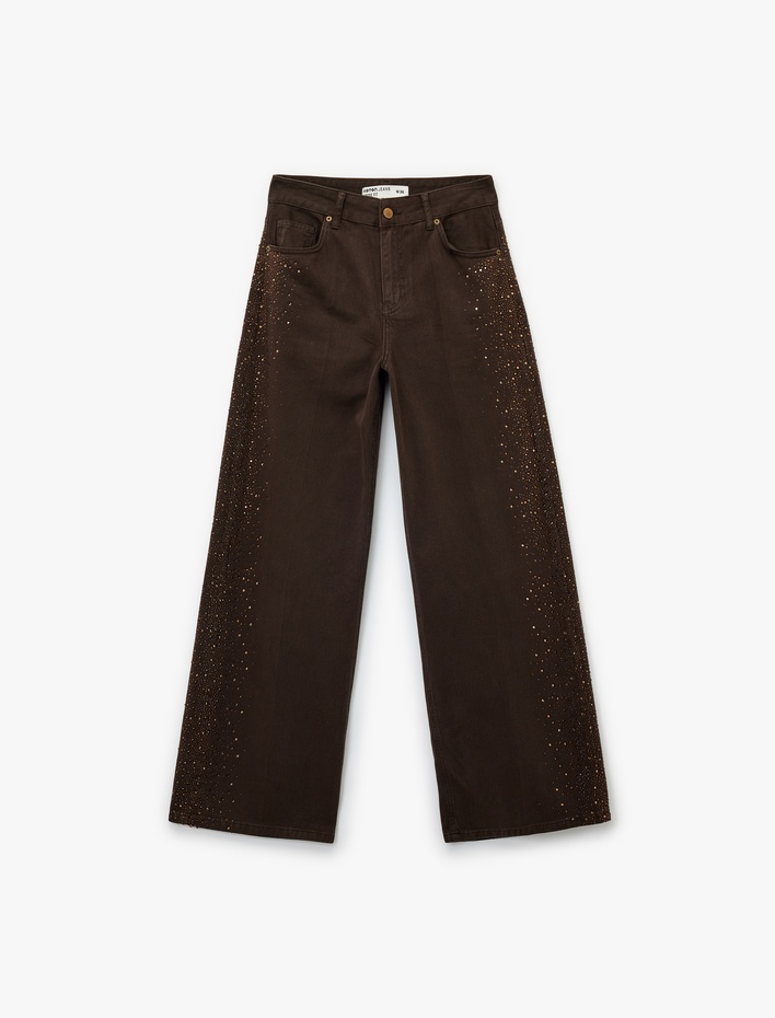  Cepli Geniş Paça Taş İşleme Detaylı Jean Pantolon - Wide Leg Jeans
