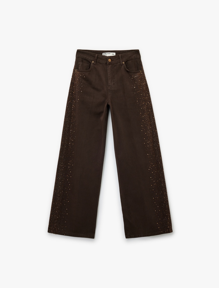   Cepli Geniş Paça Taş İşleme Detaylı Jean Pantolon - Wide Leg Jeans