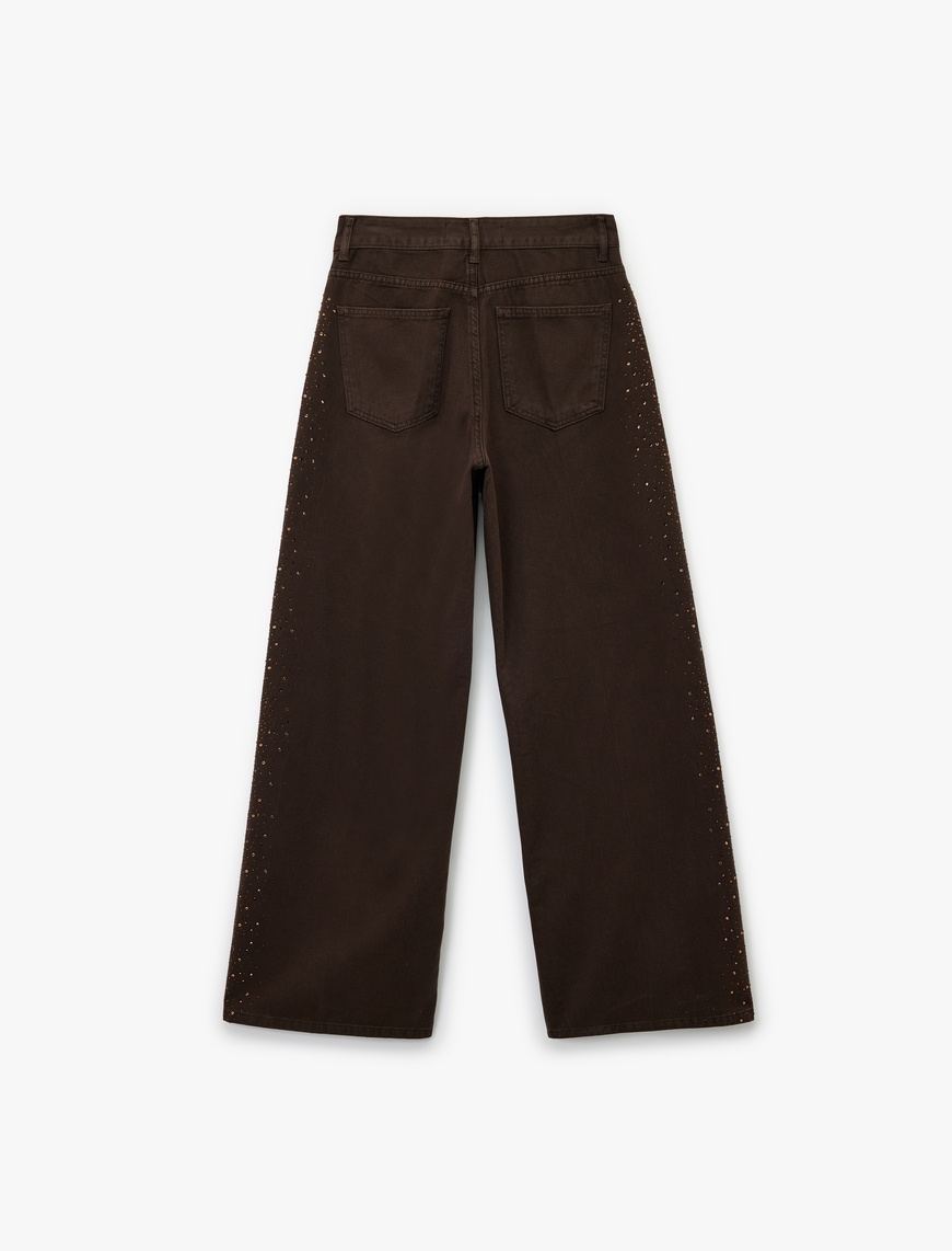   Cepli Geniş Paça Taş İşleme Detaylı Jean Pantolon - Wide Leg Jeans