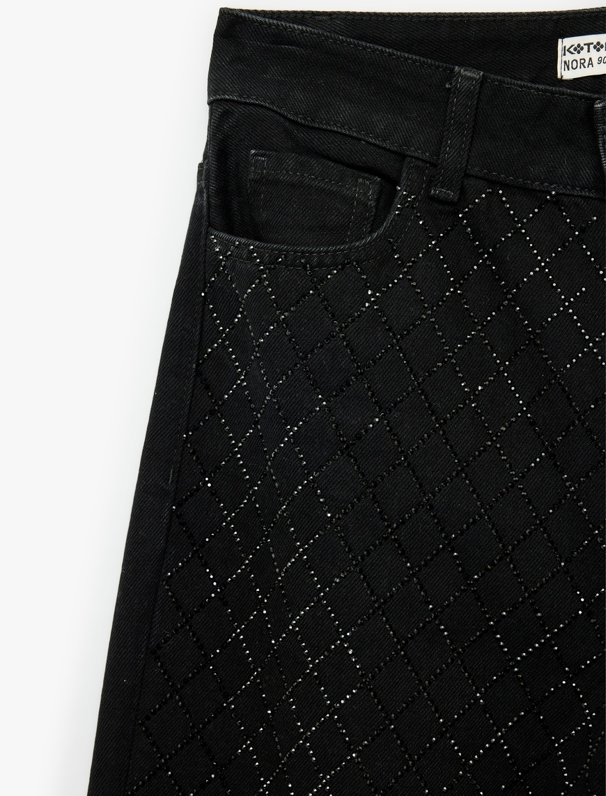   Taşlı Düz Bol Paça Jean Pantolon - Straight Fit Jean