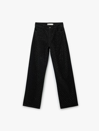 Taşlı Düz Bol Paça Jean Pantolon - Straight Fit Jean
