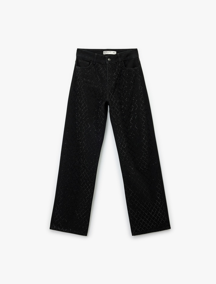  Taşlı Düz Bol Paça Jean Pantolon - Straight Fit Jean