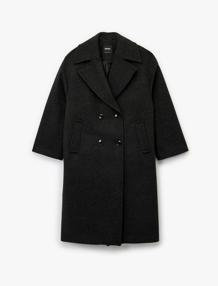  Uzun Kollu Kruvaze Düğmeli Ekstra Uzun Kaşe Kaban