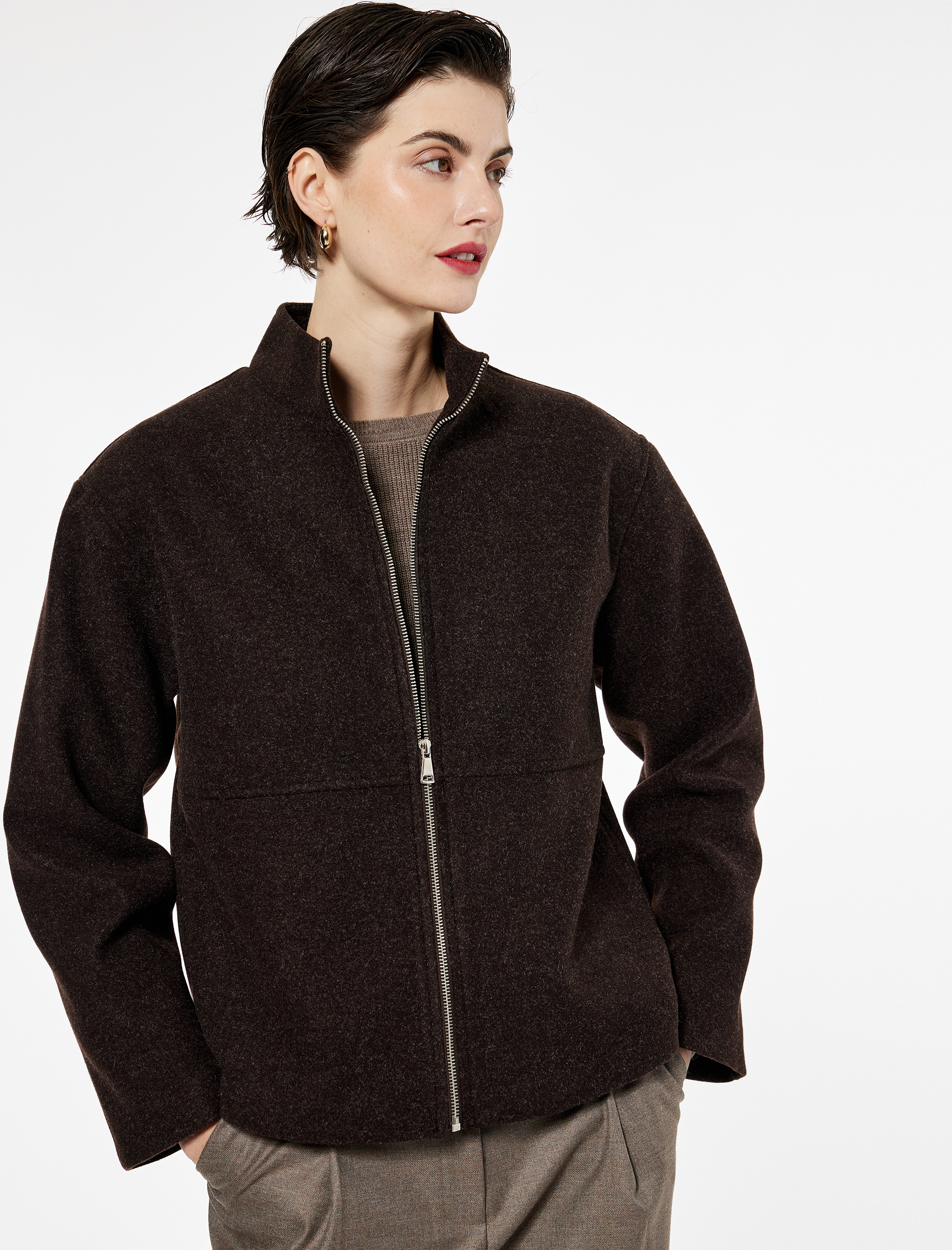   Cepli Dik Yaka Uzun Kollu Fermuarlı Kaşe Ceket