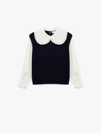 Uzun Kollu Bebe Yaka Brodeli Triko Kazak