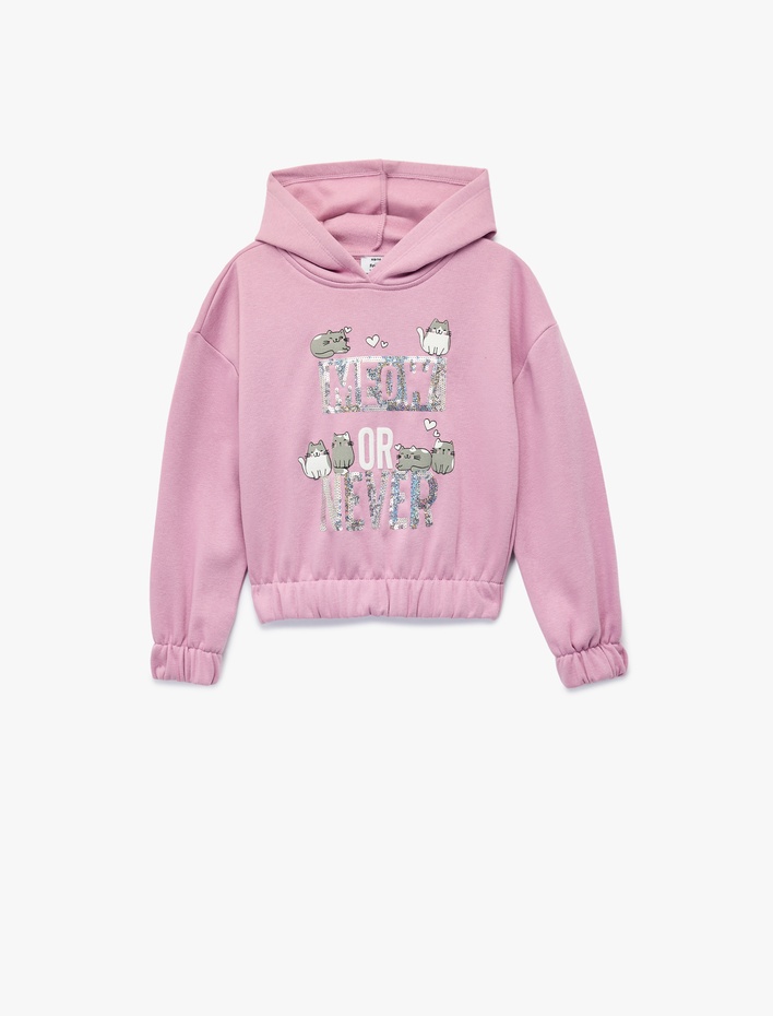 Kız Çocuk Pamuklu Uzun Kollu Kapşonlu Baskılı Sweatshirt