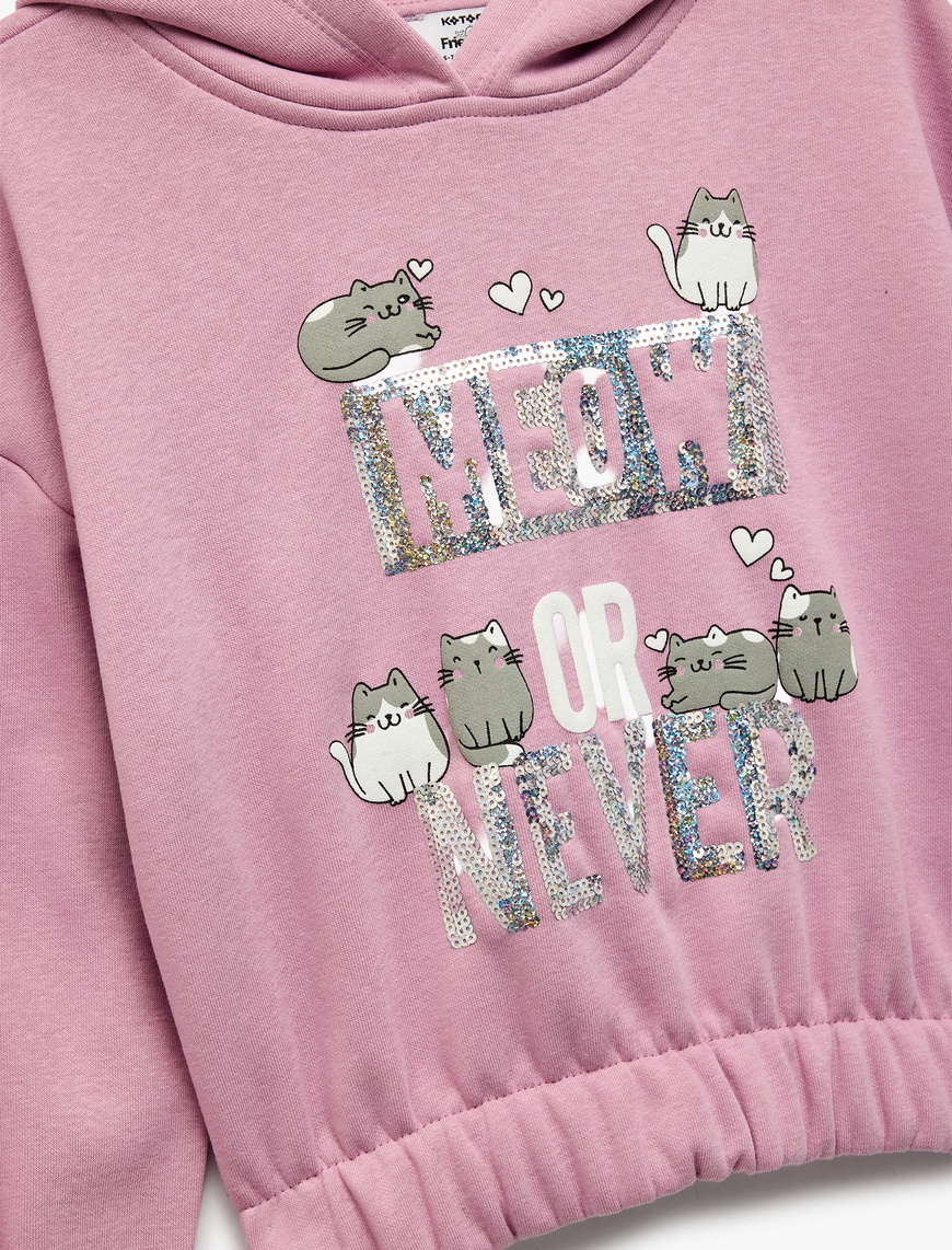  Kız Çocuk Pamuklu Uzun Kollu Kapşonlu Baskılı Sweatshirt