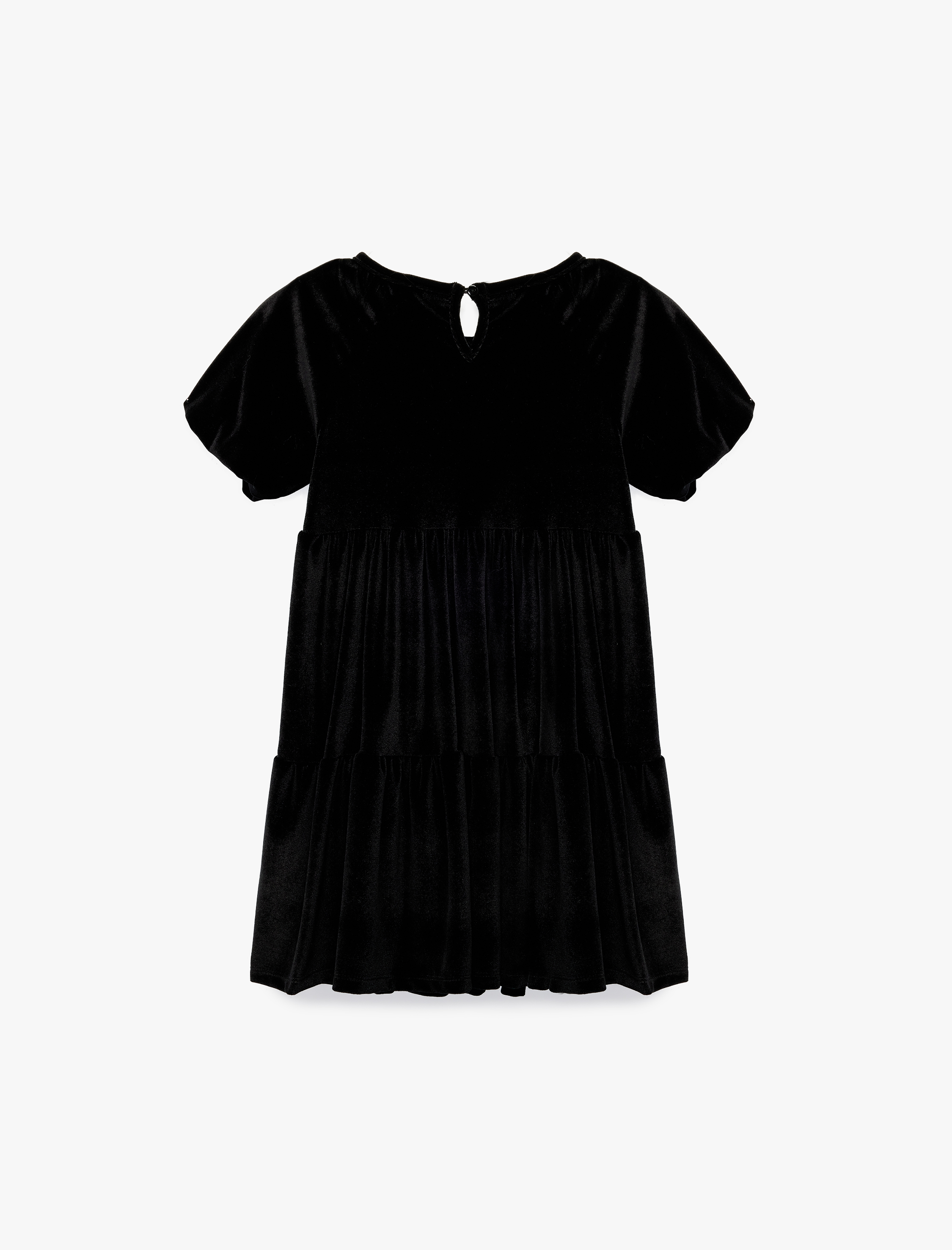 Kız Çocuk Balon Kollu Bisiklet Yaka Pileli Kadife Elbise