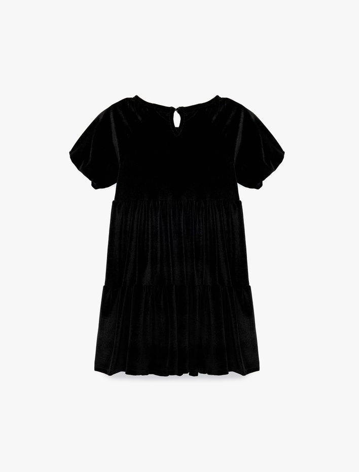 Kız Çocuk Balon Kollu Bisiklet Yaka Pileli Kadife Elbise