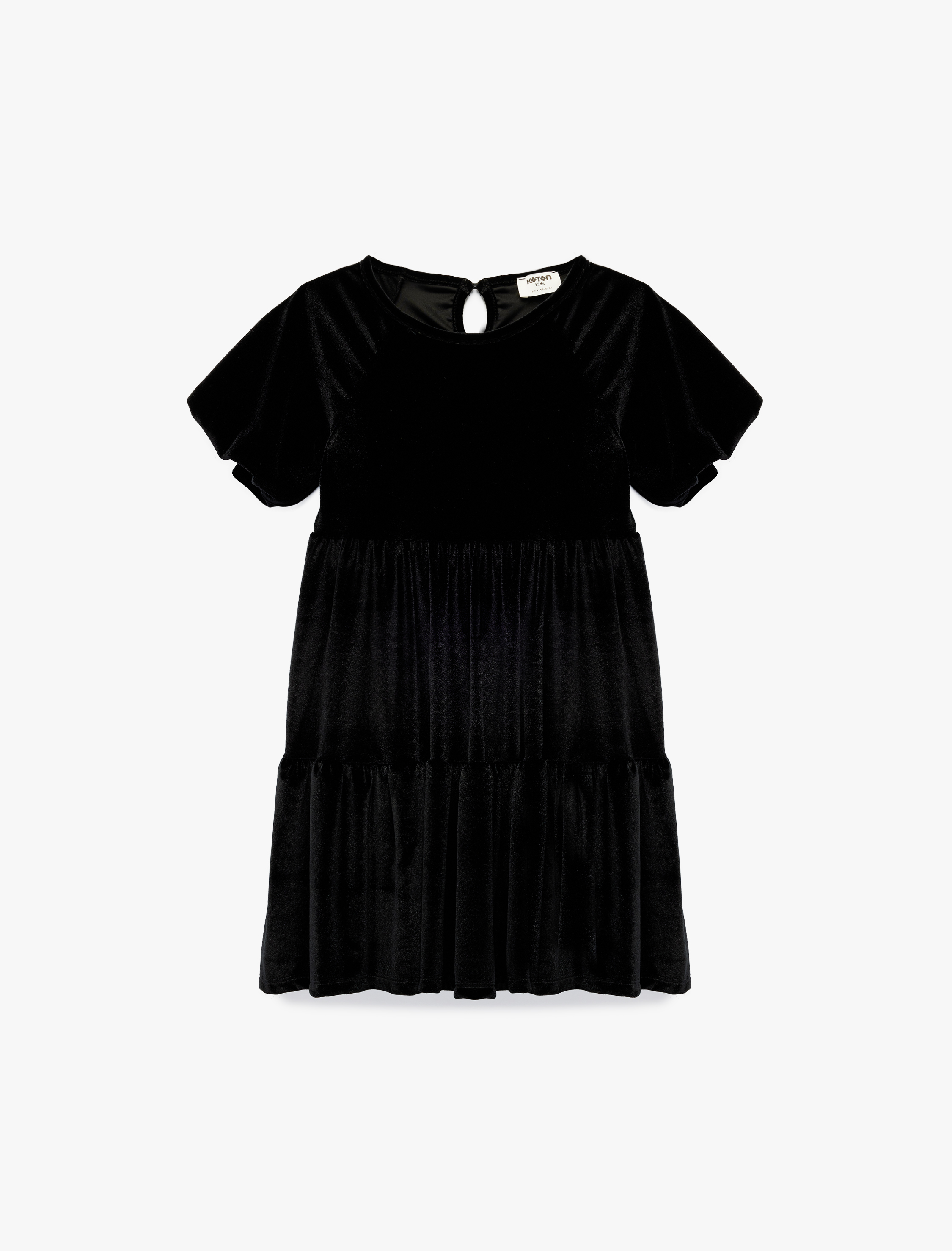 Kız Çocuk Balon Kollu Bisiklet Yaka Pileli Kadife Elbise