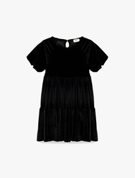 Balon Kollu Bisiklet Yaka Pileli Kadife Elbise