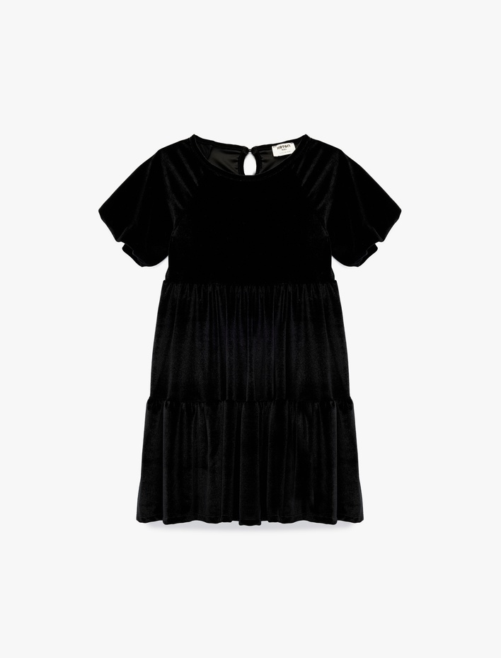 Kız Çocuk Balon Kollu Bisiklet Yaka Pileli Kadife Elbise