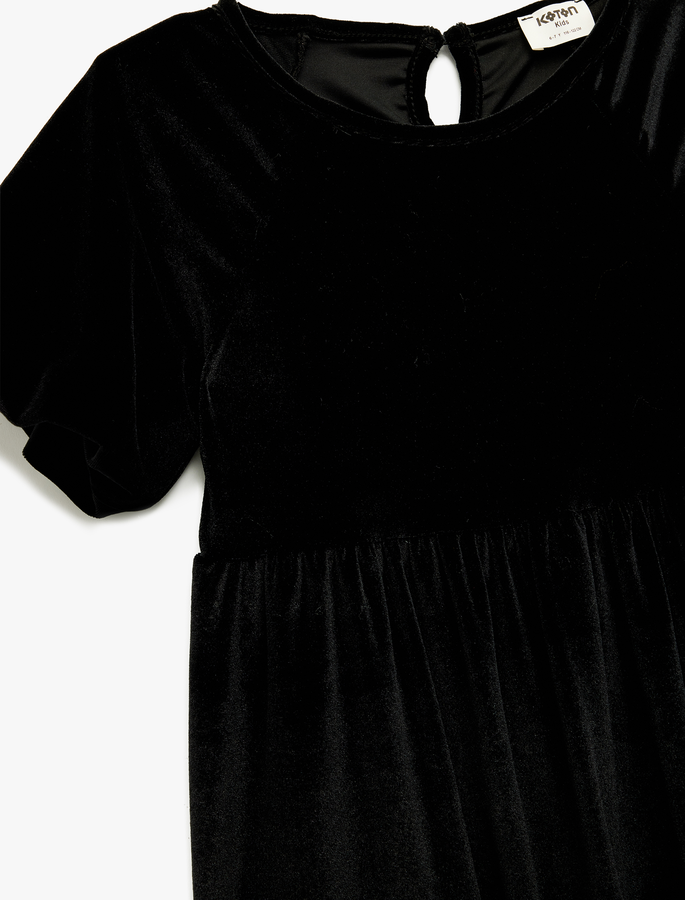 Kız Çocuk Balon Kollu Bisiklet Yaka Pileli Kadife Elbise