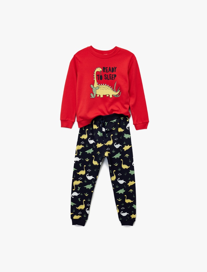 Erkek Bebek Dinozor Baskılı Pamuklu Eşofman Takımı