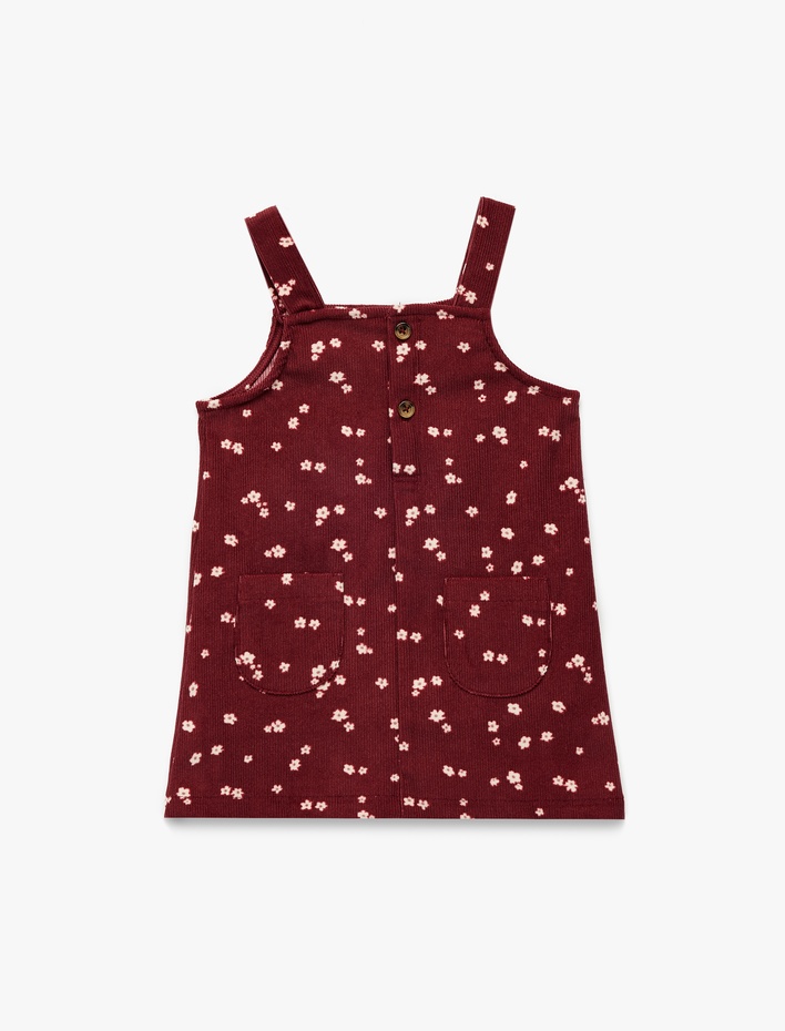 Kız Bebek Kare Yaka Askılı Cep Detaylı Düğmeli A Kesim Çiçekli Elbise