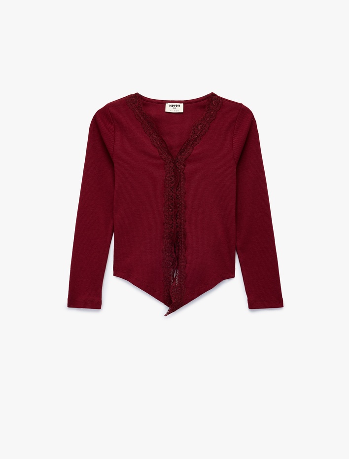 Kız Çocuk Pamuklu Uzun Kollu V Yaka Dantel Detaylı Tişört