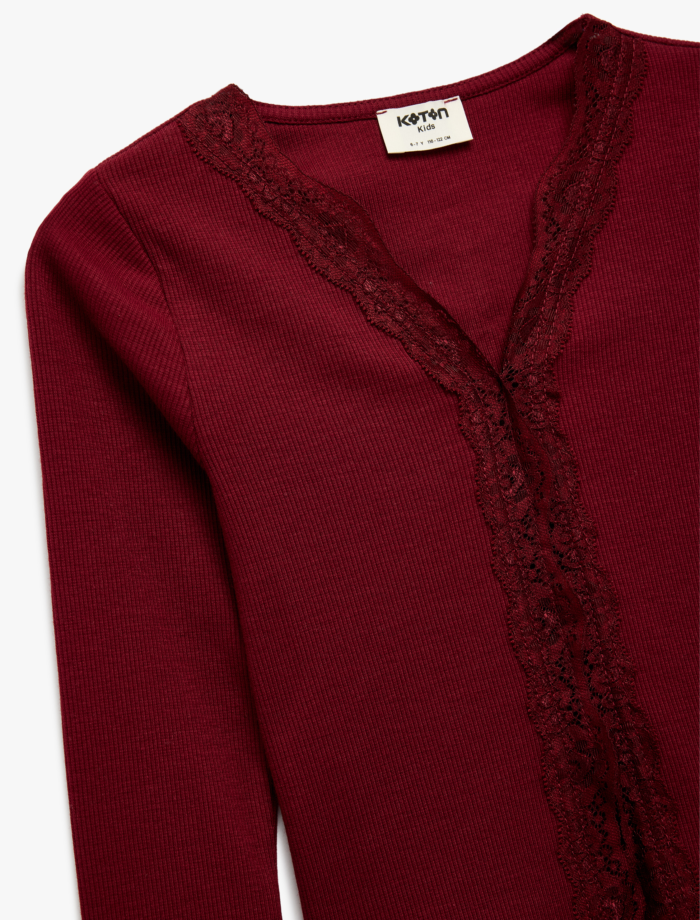  Kız Çocuk Pamuklu Uzun Kollu V Yaka Dantel Detaylı Tişört