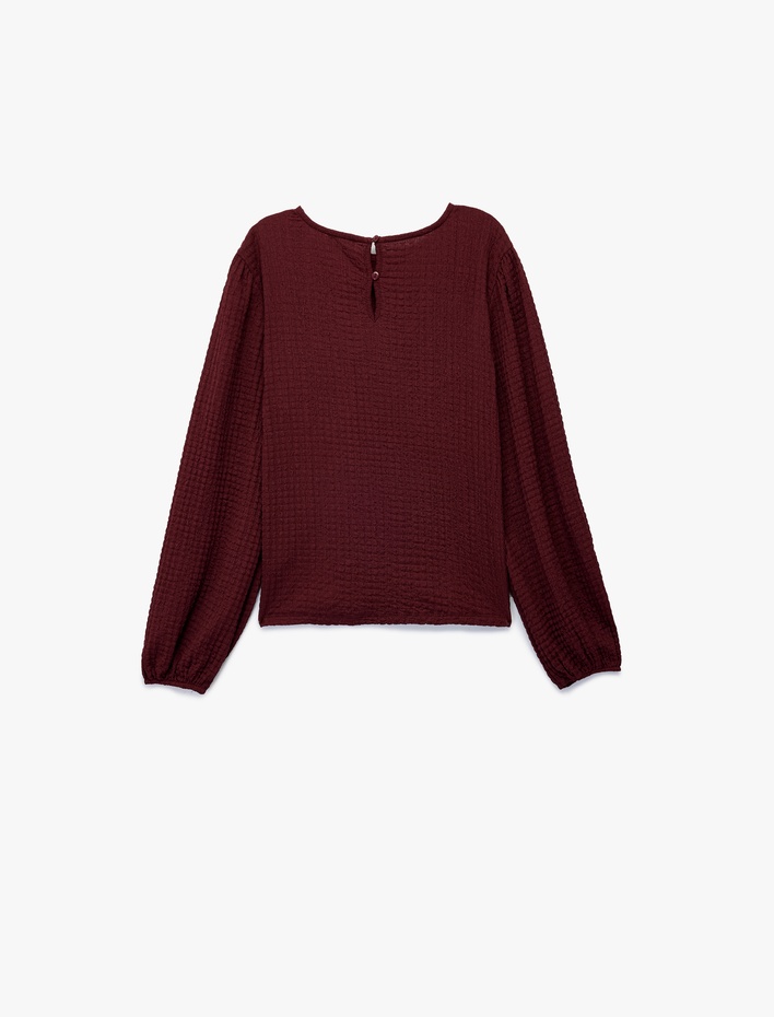 Kız Çocuk Dokulu Fiyonk Detaylı Bisiklet Yaka Uzun Kollu Bluz