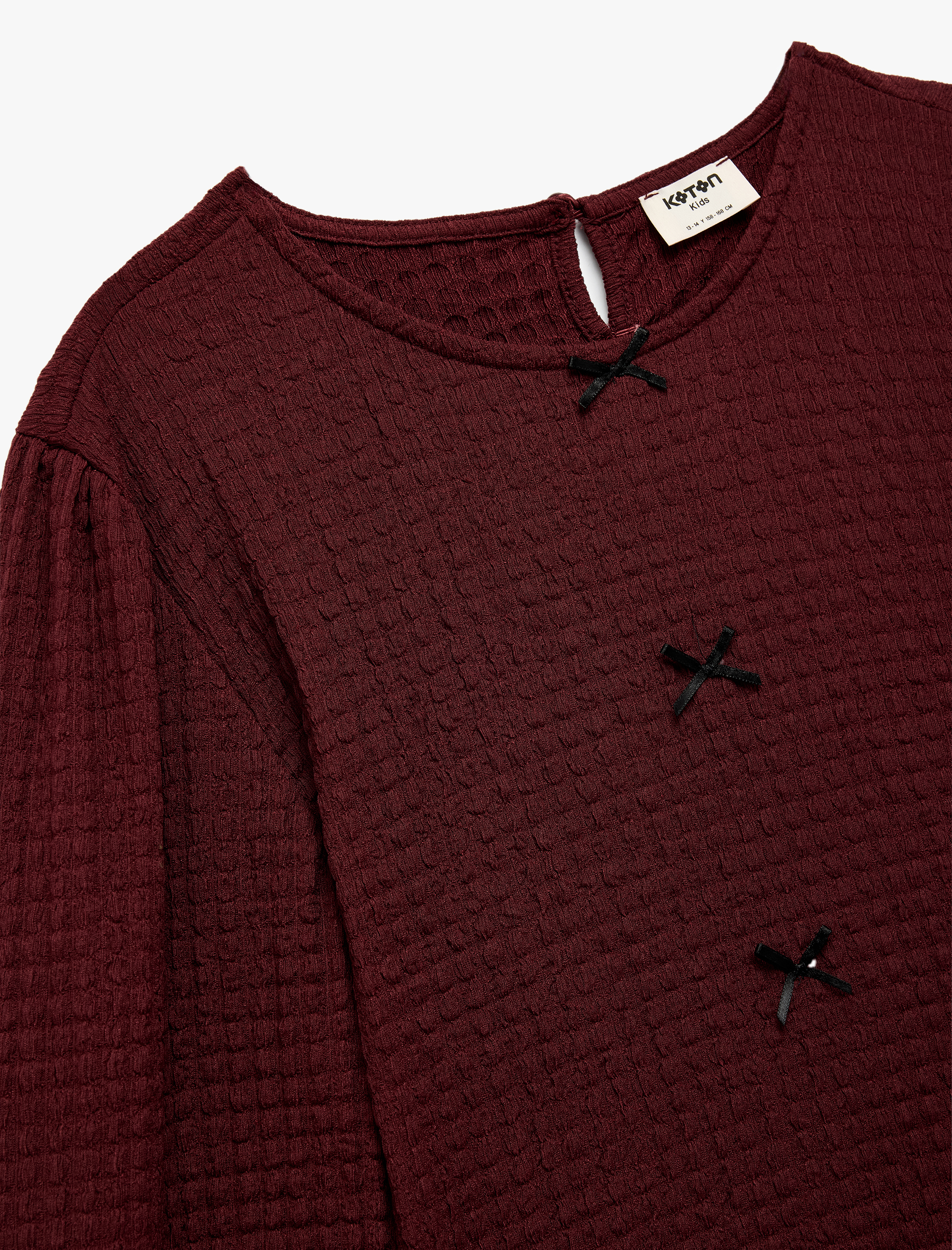  Kız Çocuk Dokulu Fiyonk Detaylı Bisiklet Yaka Uzun Kollu Bluz