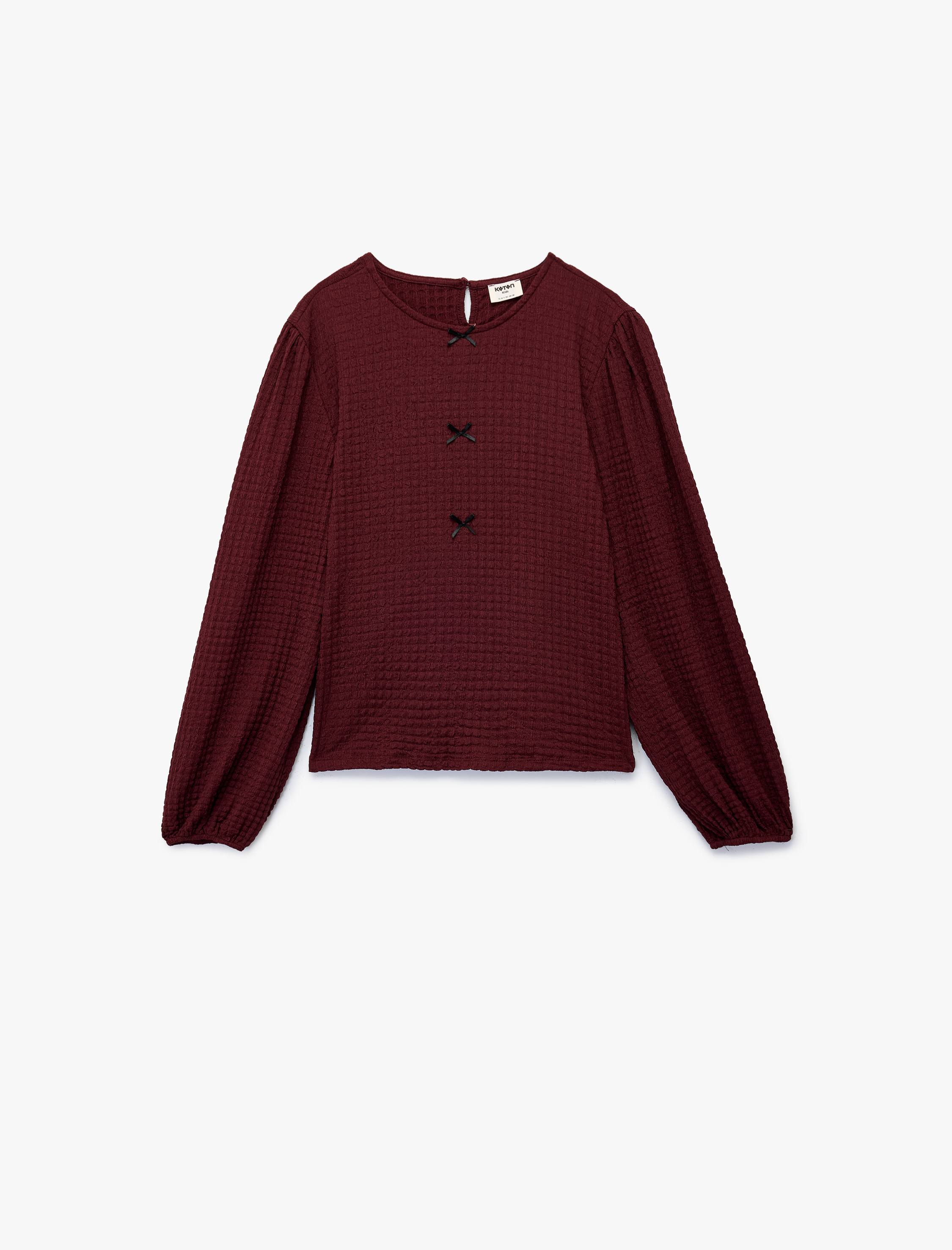  Kız Çocuk Dokulu Fiyonk Detaylı Bisiklet Yaka Uzun Kollu Bluz