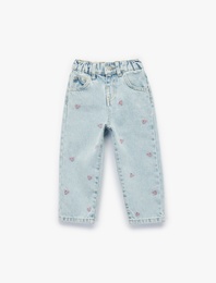 Pamuklu Fiyonk Nakış Detaylı Beli Lastikli Denim Pantolon
