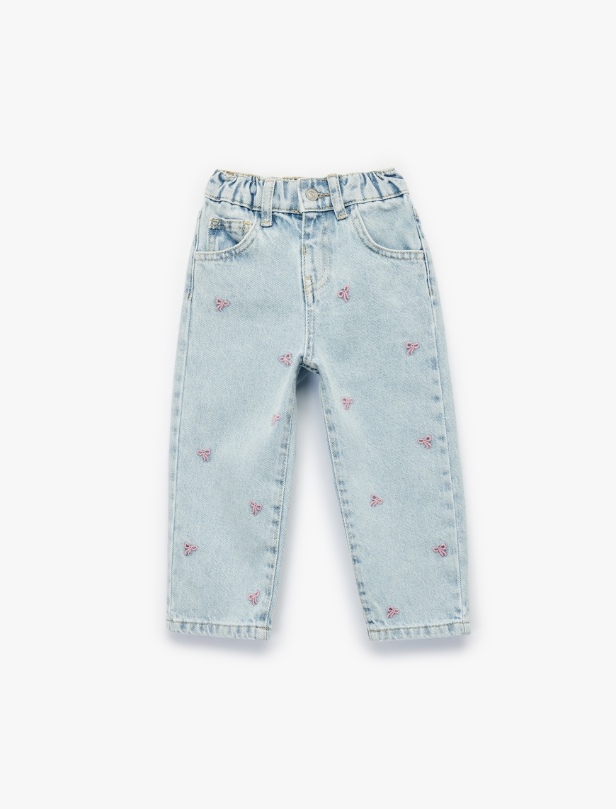  Kız Bebek Pamuklu Fiyonk Nakış Detaylı Beli Lastikli Denim Pantolon