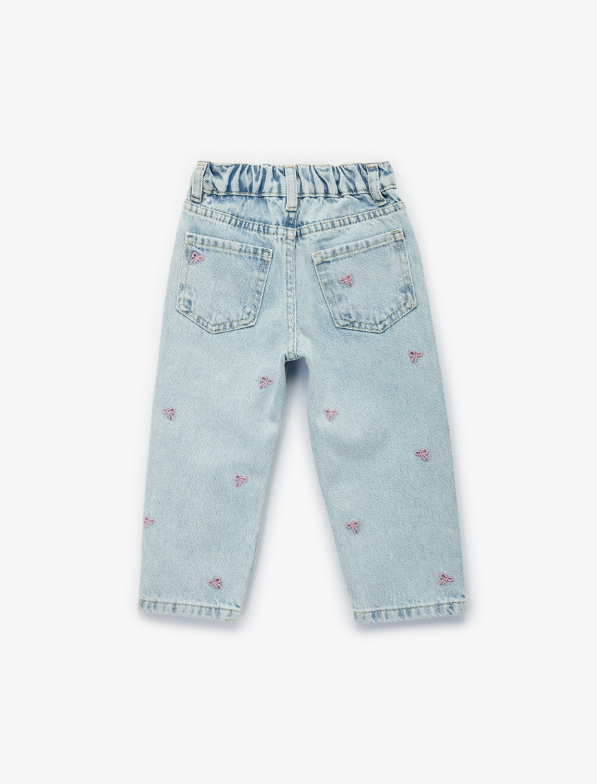  Kız Bebek Pamuklu Fiyonk Nakış Detaylı Beli Lastikli Denim Pantolon