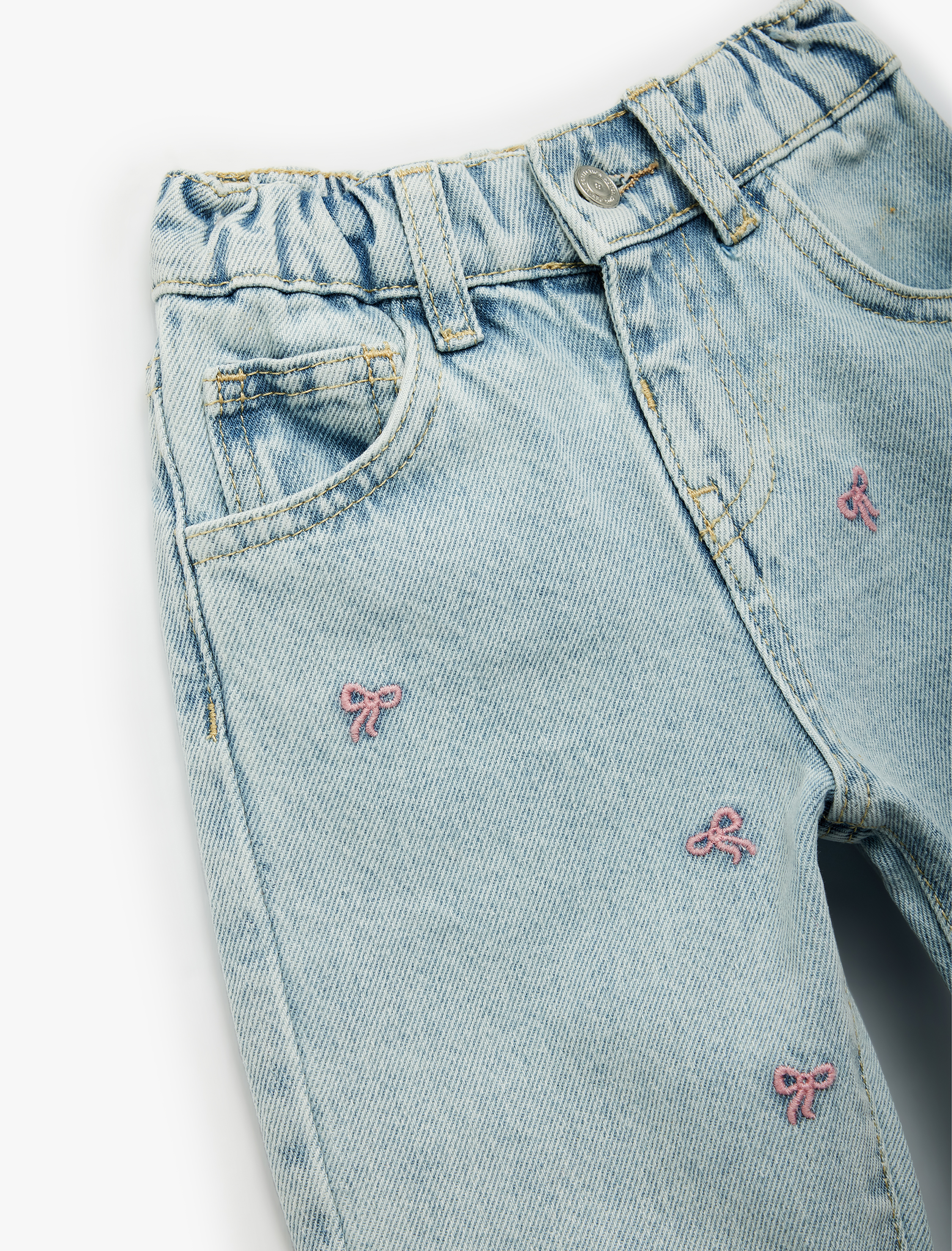  Kız Bebek Pamuklu Fiyonk Nakış Detaylı Beli Lastikli Denim Pantolon