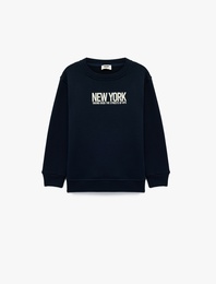 Uzun Kollu Baskılı Bisiklet Yaka Pamuklu Şardonlu Sweatshirt