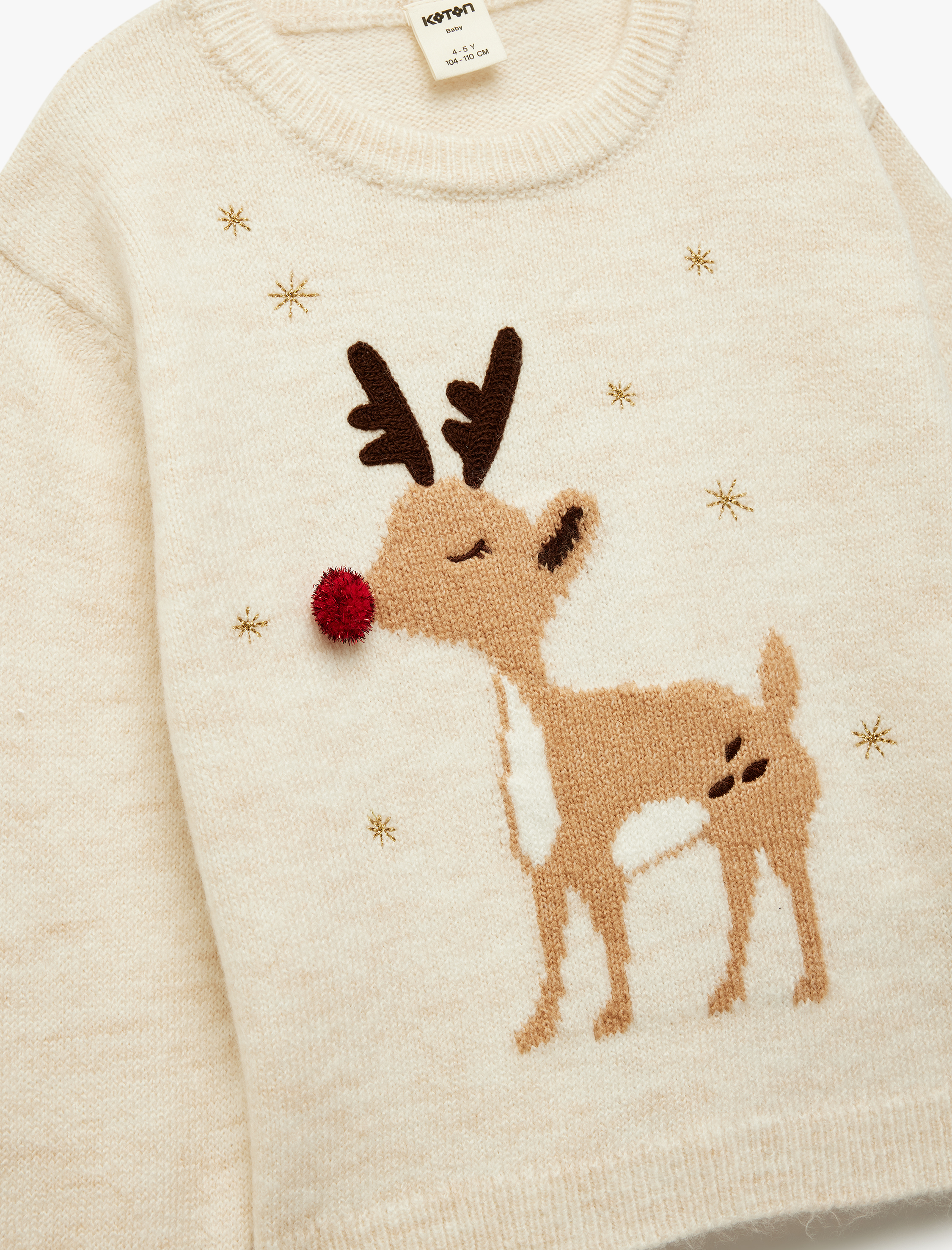 Kız Bebek Uzun Kollu Bisiklet Yaka Jakarlı Geyik Nakışlı Triko Kazak