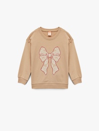 Pamuklu Uzun Kollu Fiyonk Baskılı Bisiklet Yaka Sweatshirt