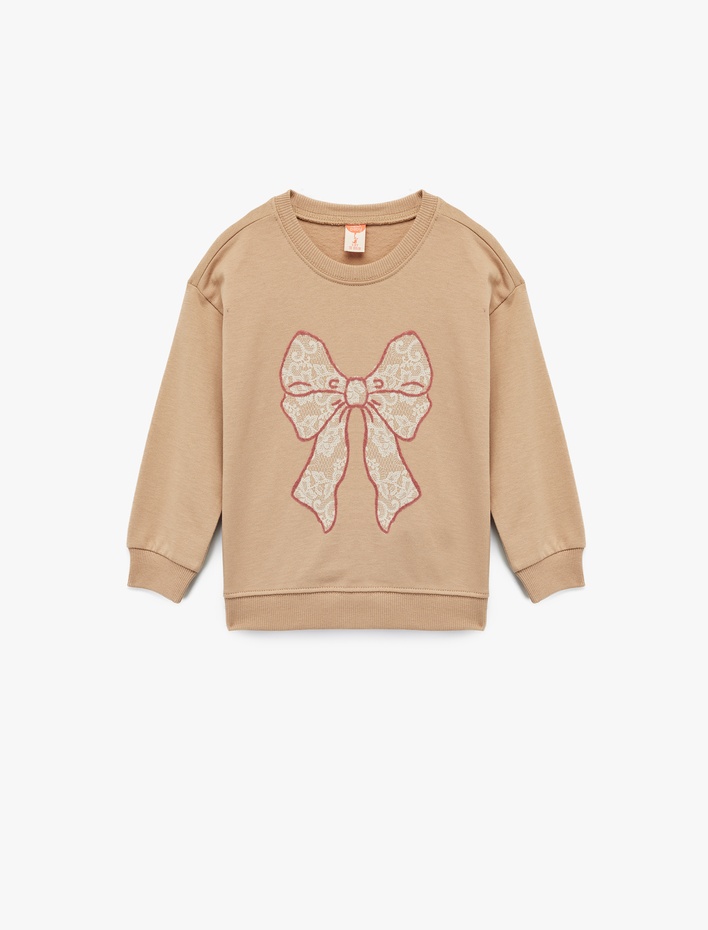 Kız Bebek Pamuklu Uzun Kollu Fiyonk Baskılı Bisiklet Yaka Sweatshirt