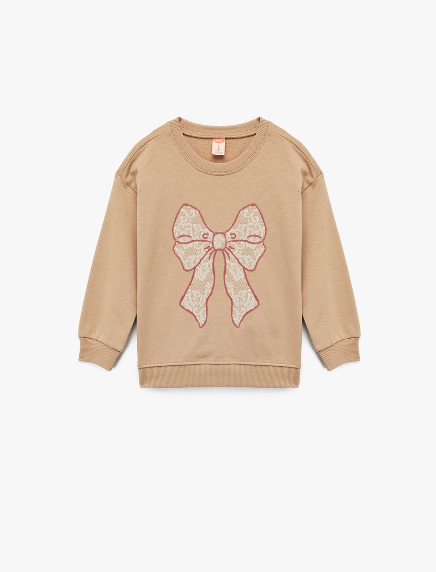  Kız Bebek Pamuklu Uzun Kollu Fiyonk Baskılı Bisiklet Yaka Sweatshirt
