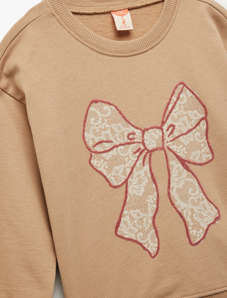 Kız Bebek Pamuklu Uzun Kollu Fiyonk Baskılı Bisiklet Yaka Sweatshirt