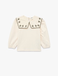 Pamuklu Nakış Detaylı Bebe Yaka Uzun Kollu Tişört