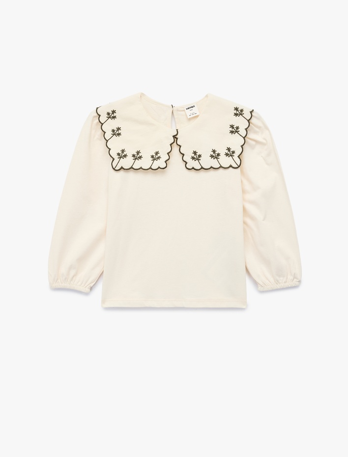 Kız Bebek Pamuklu Nakış Detaylı Bebe Yaka Uzun Kollu Tişört
