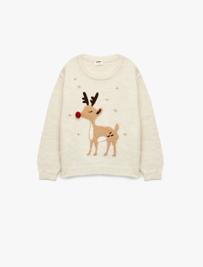 Kız Çocuk Uzun Kollu Bisiklet Yaka Geyik Desenli Triko Kazak