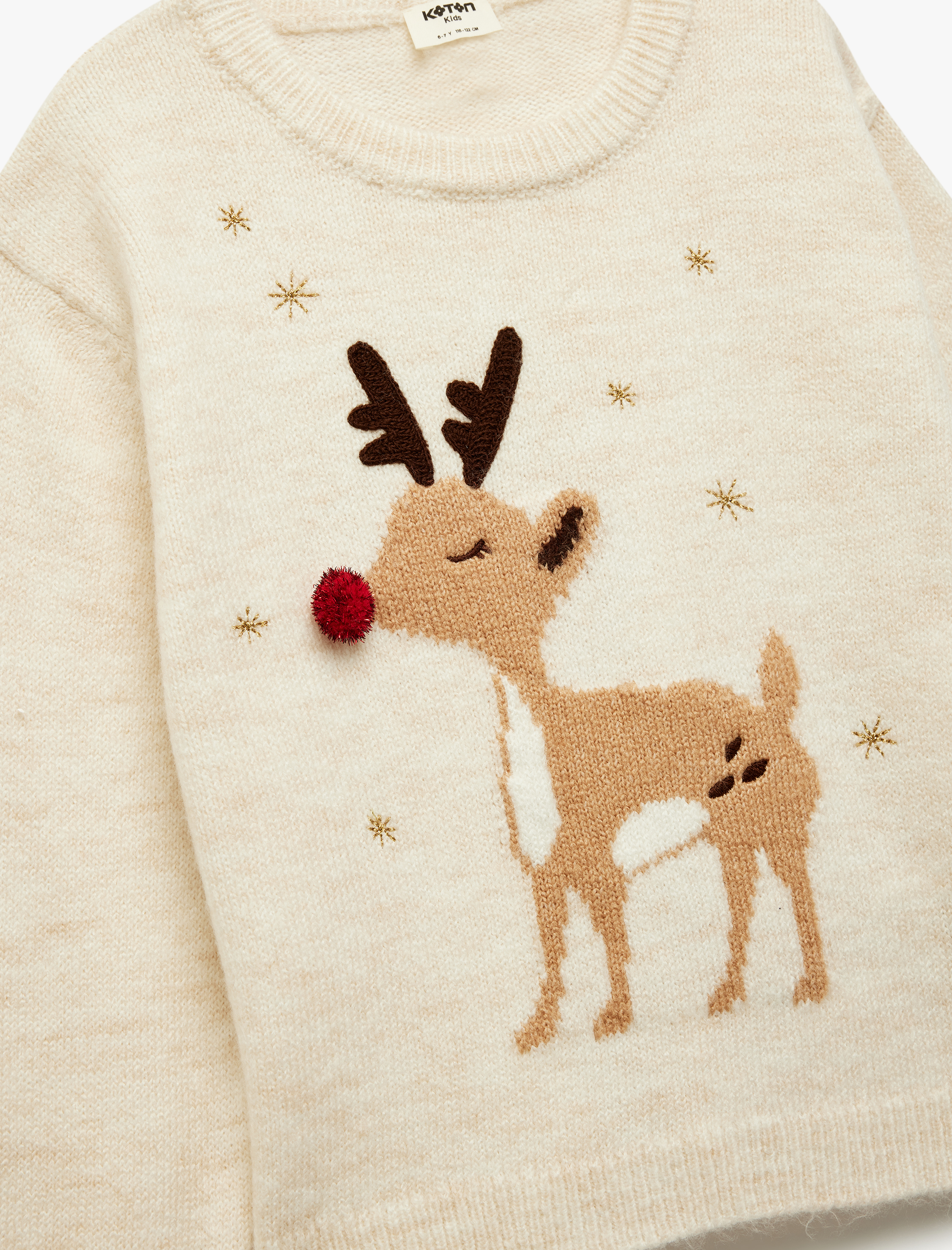  Kız Çocuk Uzun Kollu Bisiklet Yaka Geyik Desenli Triko Kazak