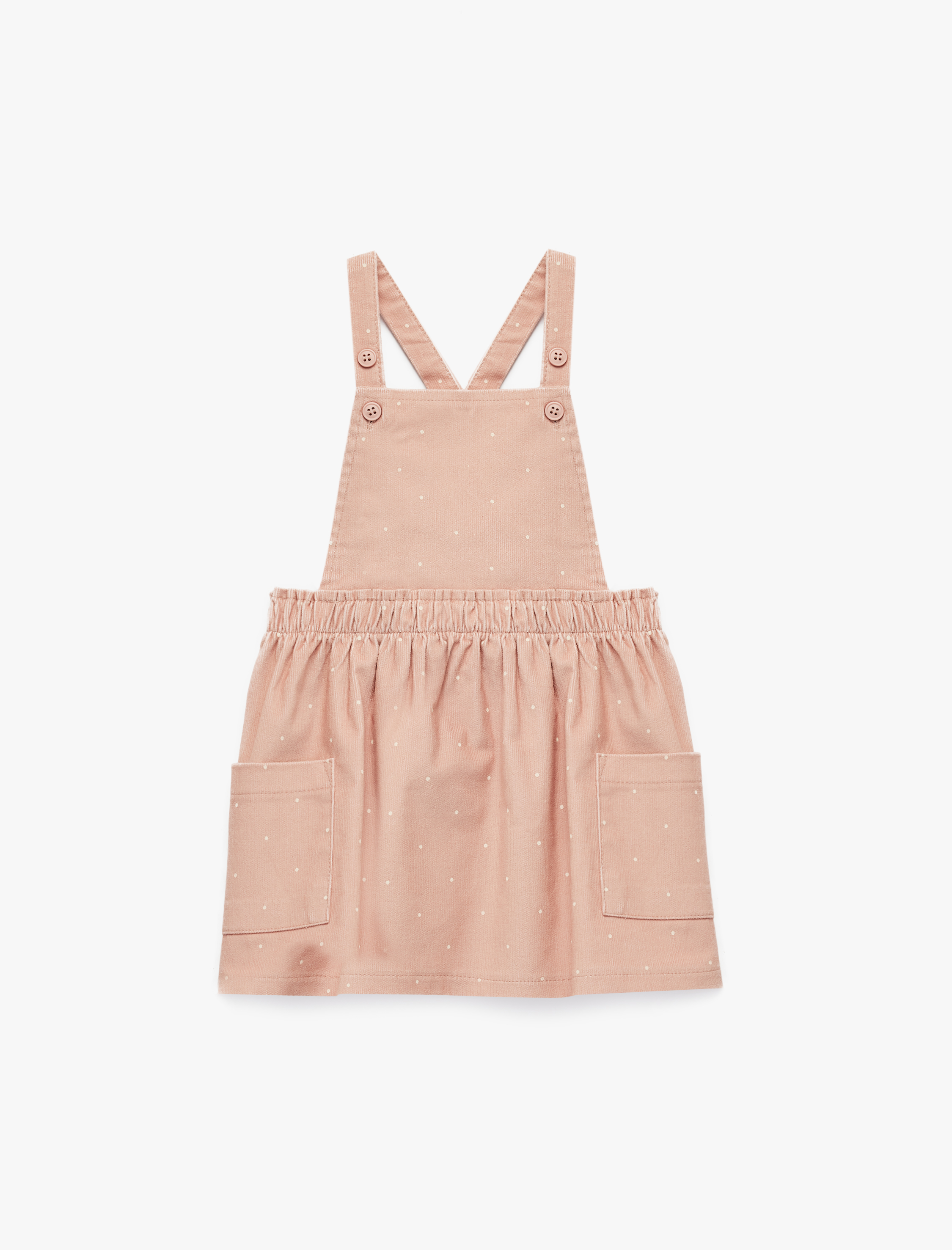 Kız Bebek Pamuklu Kare Yaka Çapraz Askılı Cep Detaylı Puantiyeli Mini Elbise