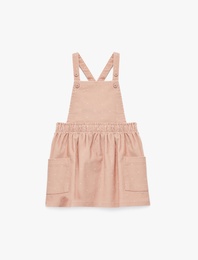 Pamuklu Kare Yaka Çapraz Askılı Cep Detaylı Puantiyeli Mini Elbise